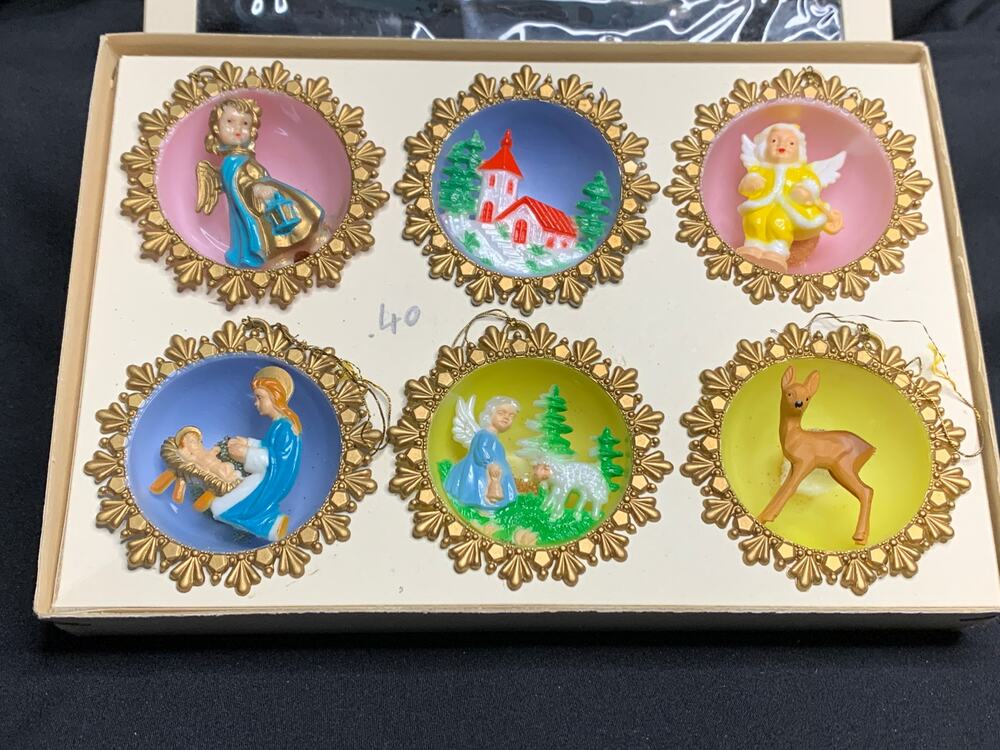 Vintage Western Germany Diorama Christmas Ornaments Set of 6 Boxed 1950s